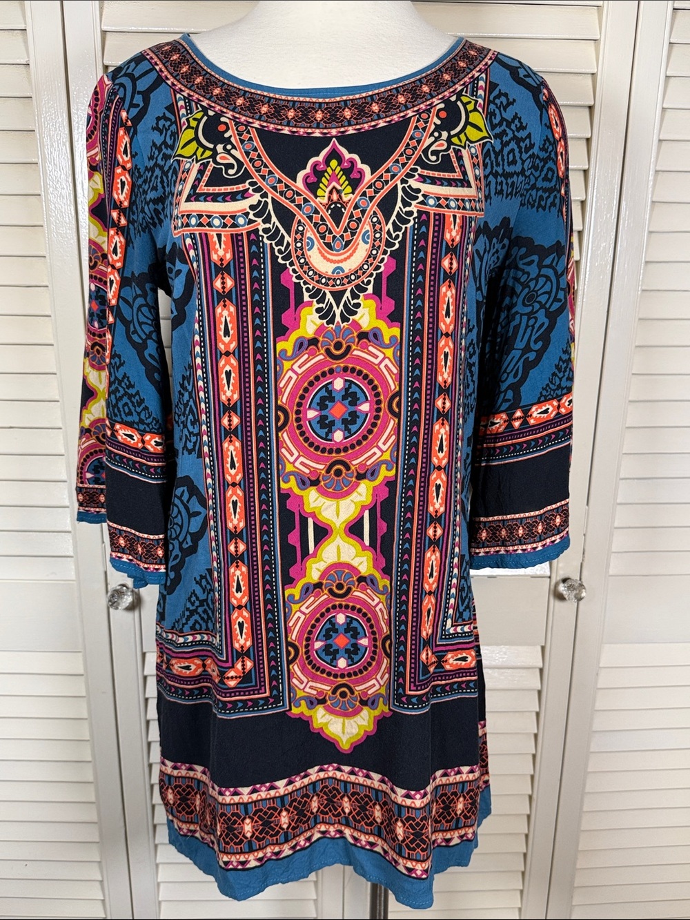 Flying Tomato Boho Geometric Panel Print Tunic Shift Dress 3/4 Bell Sleeves